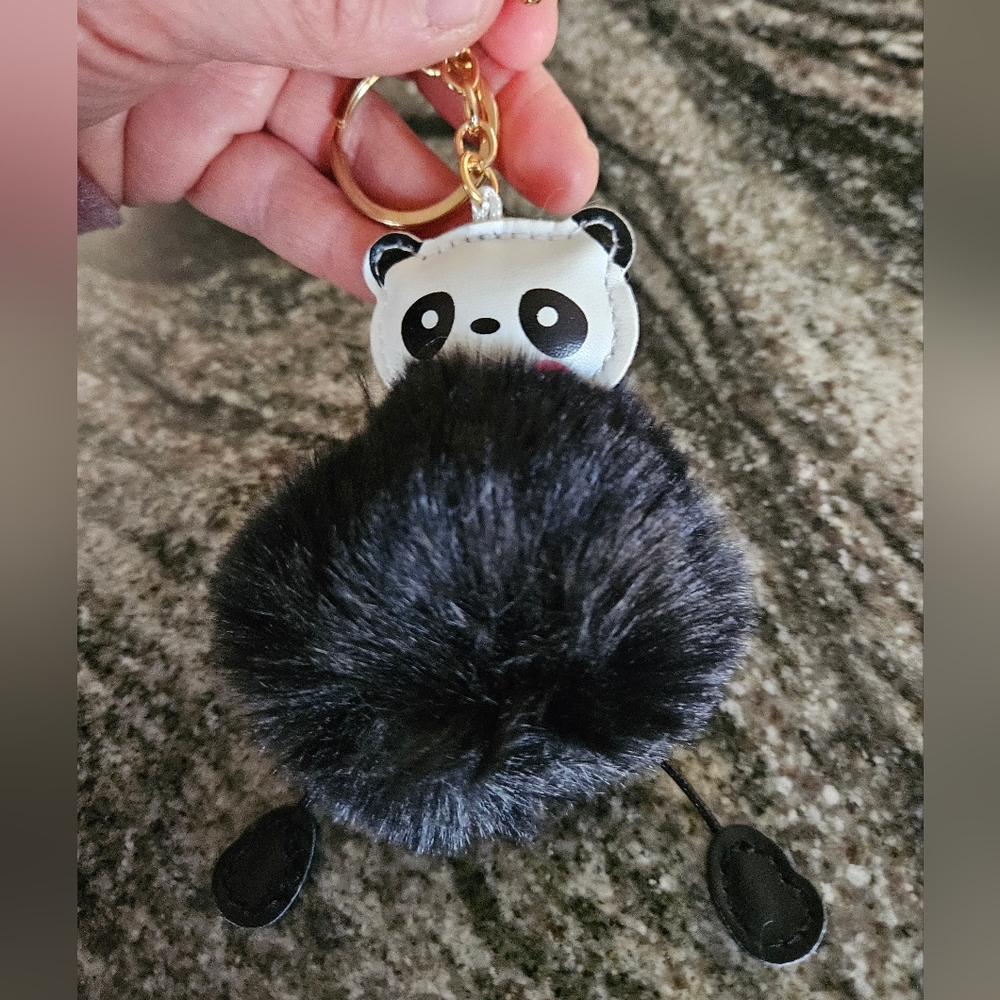 Panda Pom-Pom Keychain Card Holder - Black Faux Fur